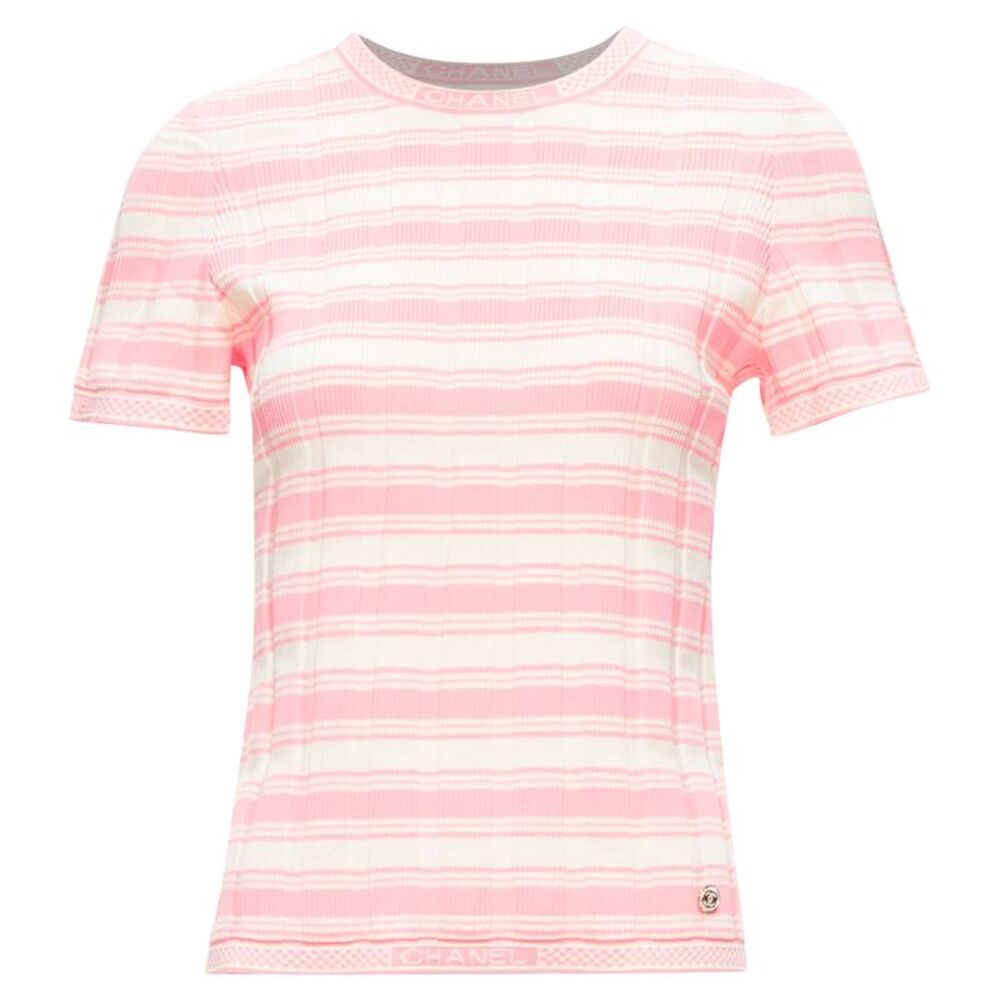 Chanel Stripe Logo Charm Short Sleeve Ribbed Sweater